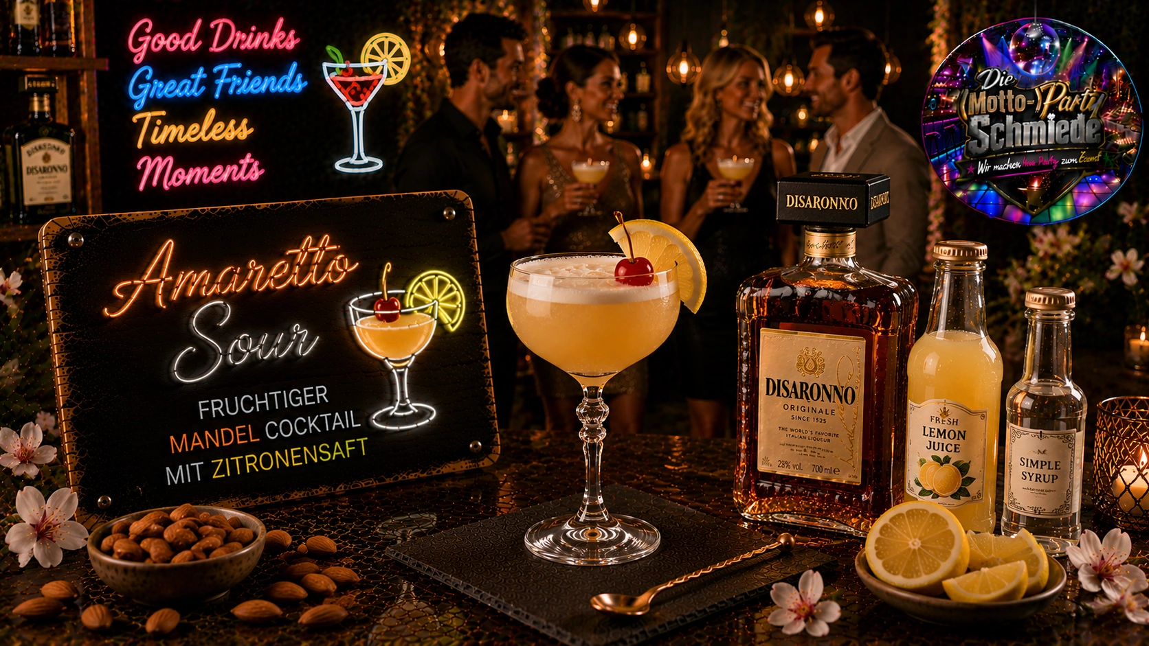 Amaretto Sour Cocktail – Fruchtiger Mandel Cocktail mit Zitronensaft Amaretto Sour Cocktail mit cremiger Schaumkrone, Zitronenscheibe und Cocktailkirsche in einem stilvollen Tumblerglas.
