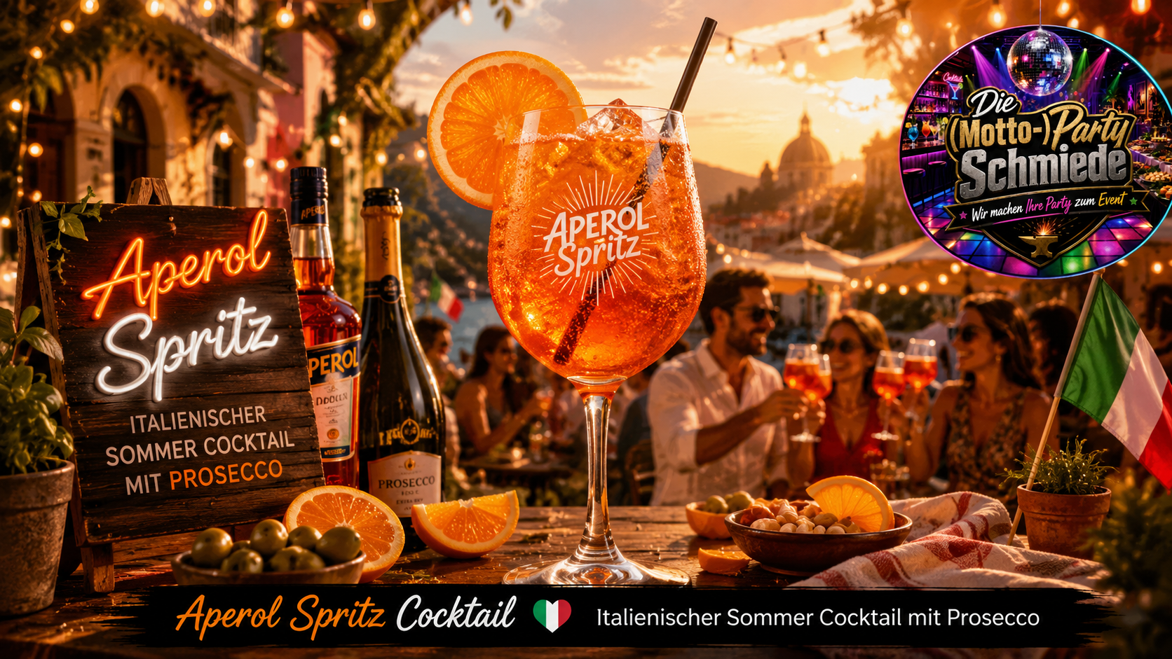 Aperol Spritz Cocktail – Italienischer Sommer Cocktail mit Prosecco Erfrischender Aperol Spritz mit Orangenscheibe und Eiswürfeln in einem großen Weinglas auf sommerlicher Terrasse.
