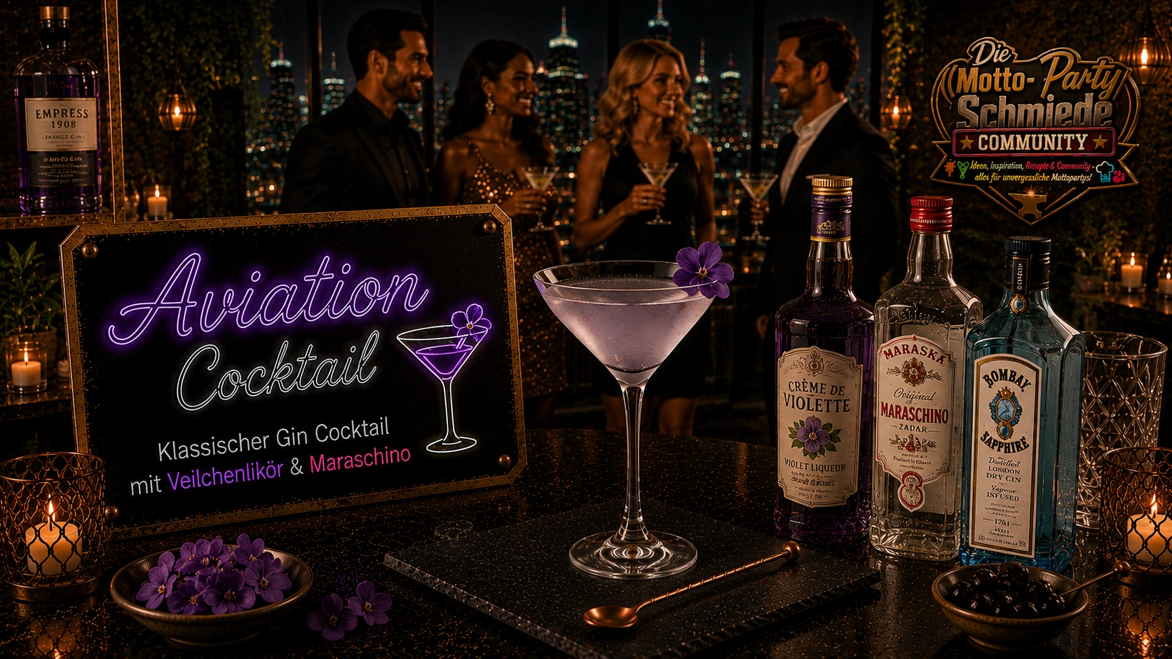 Aviation Cocktail – Klassischer Gin Cocktail mit Veilchenlikör & Maraschino Eleganter Aviation Cocktail mit zart violettem Farbton in einer gekühlten Cocktailschale auf stilvollem Barhintergrund.