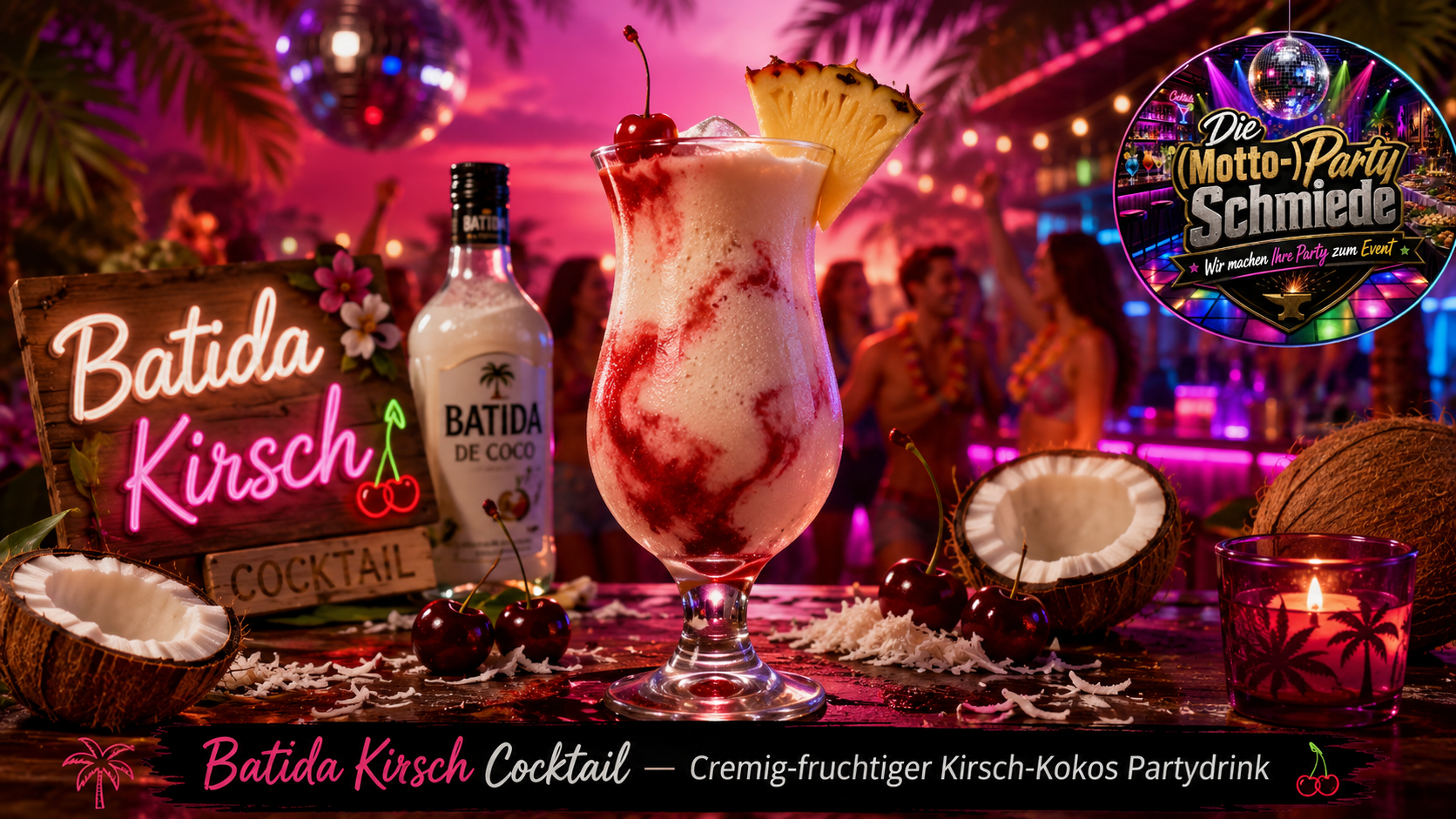 Batida Kirsch Cocktail – Cremig-fruchtiger Kirsch-Kokos Partydrink Cremiger roter Batida Kirsch Cocktail mit Kokoslikör, Crushed Ice und frischen Kirschen in einem dekorativen Cocktailglas.