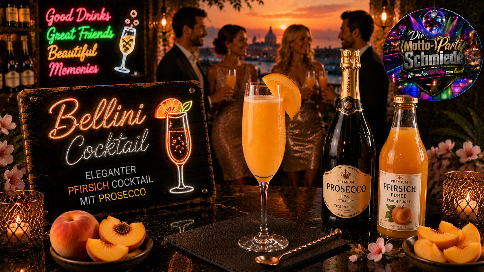 Bellini Cocktail – Eleganter Pfirsich Cocktail mit Prosecco Eleganter Bellini Cocktail mit Pfirsichpüree und Prosecco in einer Sektflöte auf sommerlich gedecktem Tisch.