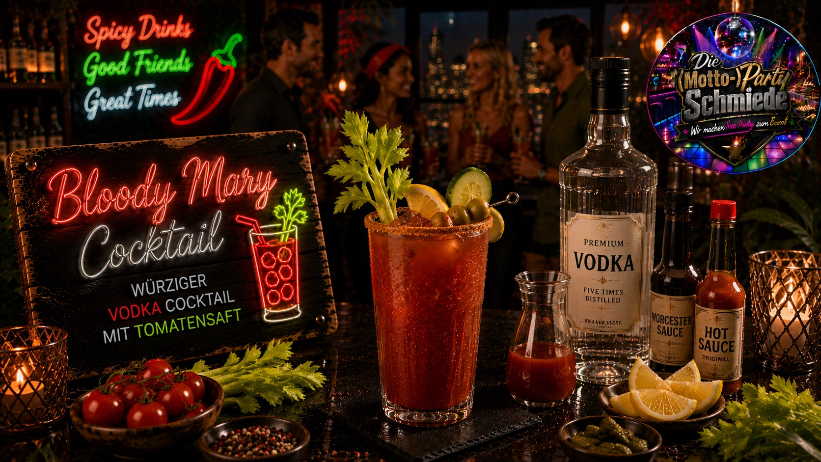 Bloody Mary Cocktail – Würziger Vodka Cocktail mit Tomatensaft Würziger Bloody Mary Cocktail mit Tomatensaft, Selleriestange, Zitronenspalte und Eiswürfeln in einem Longdrinkglas.