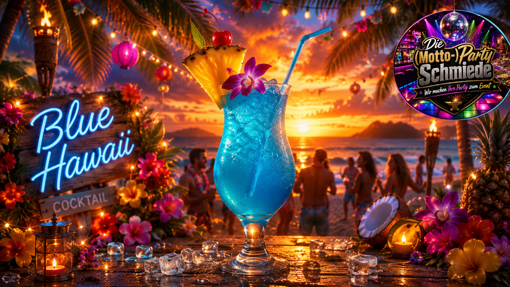 Blue Hawaii Cocktail – Tropischer Partycocktail mit Rum & Ananas Leuchtend blauer Blue Hawaii Cocktail mit Ananasstück, Cocktailkirsche und Eiswürfeln in einem tropischen Cocktailglas.