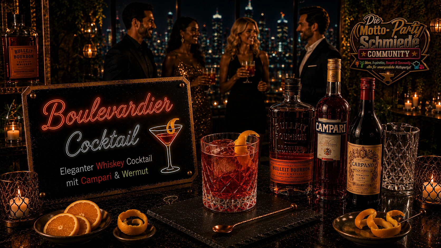 Boulevardier Cocktail – Eleganter Whiskey Cocktail mit Campari & Wermut Eleganter Boulevardier Cocktail mit Orangenzeste in einem Tumblerglas auf dunklem Barhintergrund.