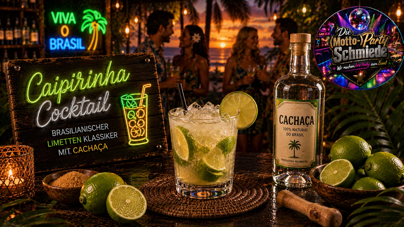 Caipirinha Cocktail – Brasilianischer Limetten Klassiker mit Cachaça Authentische brasilianische Caipirinha mit Limettenstücken, Rohrzucker und Crushed Ice in einem Tumblerglas.