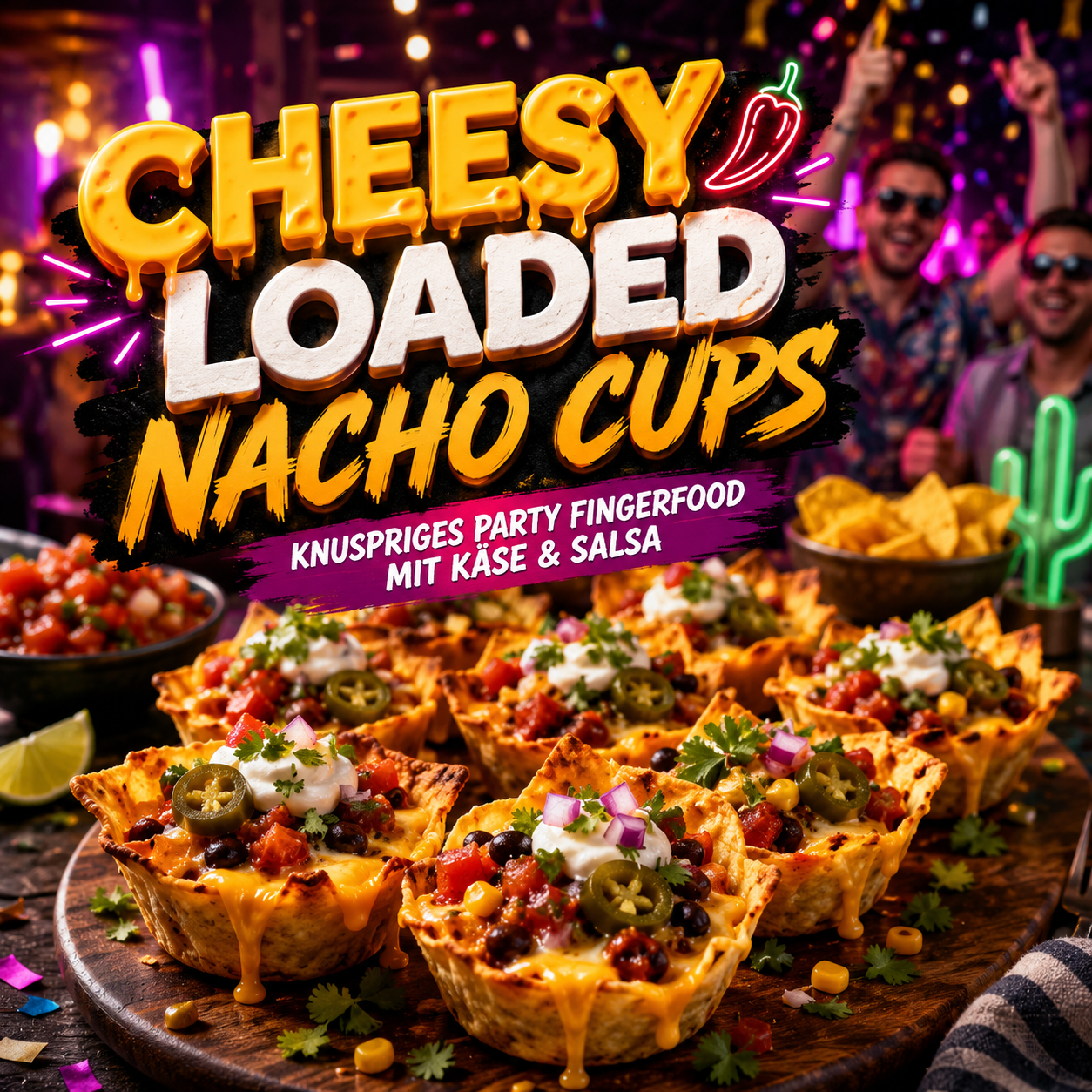 Cheesy Loaded Nacho Cups – Knuspriges Party Fingerfood mit Käse & Salsa Knusprige Nacho Cups mit geschmolzenem Käse, Salsa, Jalapeños und Frühlingszwiebeln auf einem modernen Partybuffet.