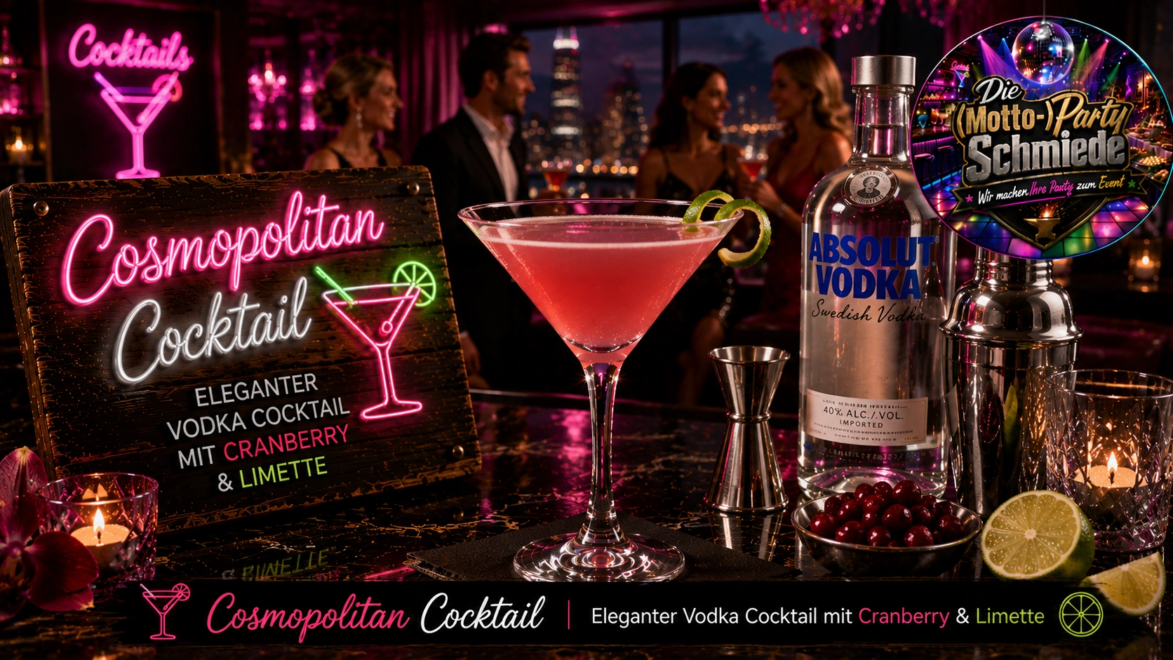 Cosmopolitan Cocktail – Eleganter Vodka Cocktail mit Cranberry & Limette Eleganter Cosmopolitan Cocktail in einem Martiniglas mit rosafarbener Cranberry-Färbung und Limettenzeste auf stilvollem Hintergrund.
