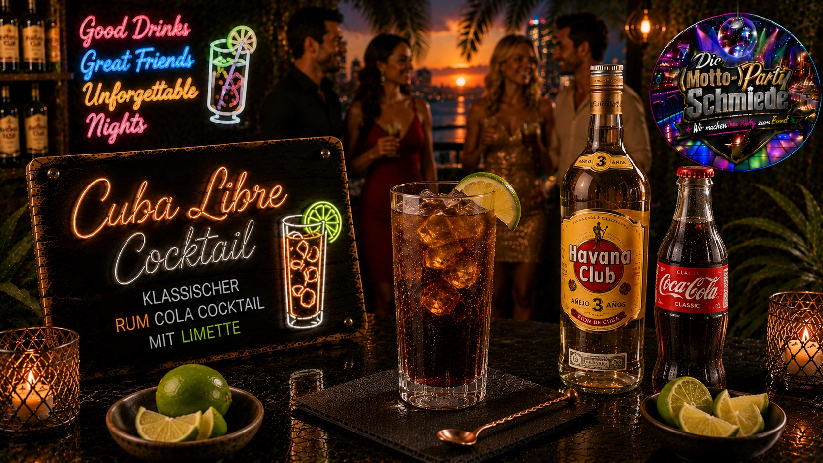 Cuba Libre Cocktail – Klassischer Rum Cola Cocktail mit Limette Klassischer Cuba Libre mit Rum, Cola, Limettenspalten und Eiswürfeln in einem Longdrinkglas auf tropischem Hintergrund.