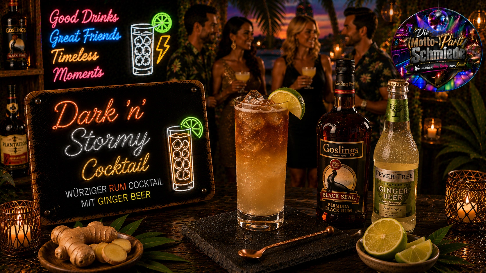 Dark ’n’ Stormy Cocktail – Würziger Rum Cocktail mit Ginger Beer Dark ’n’ Stormy Cocktail mit dunklem Rum, Ginger Beer, Limettenspalte und Eiswürfeln in einem Longdrinkglas mit markantem Farbverlauf.