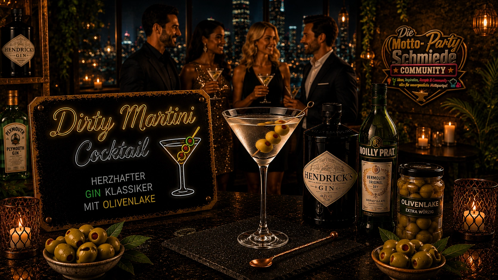 Dirty Martini Cocktail – Herzhafter Gin Klassiker mit Olivenlake Dirty Martini Cocktail mit grünen Oliven in einem gekühlten Martiniglas auf elegantem Barhintergrund.
