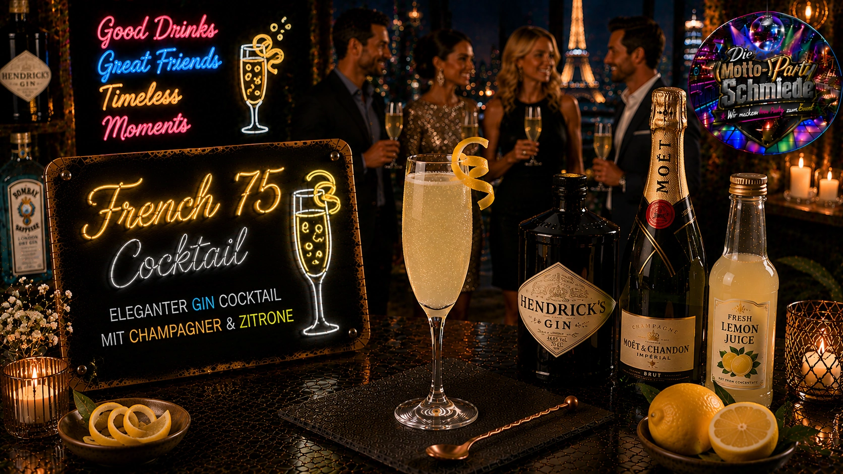 French 75 Cocktail – Eleganter Gin Cocktail mit Champagner & Zitrone Eleganter French 75 Cocktail in einer Champagnerflöte mit Zitronenzeste und feiner Perlage auf festlichem Hintergrund.