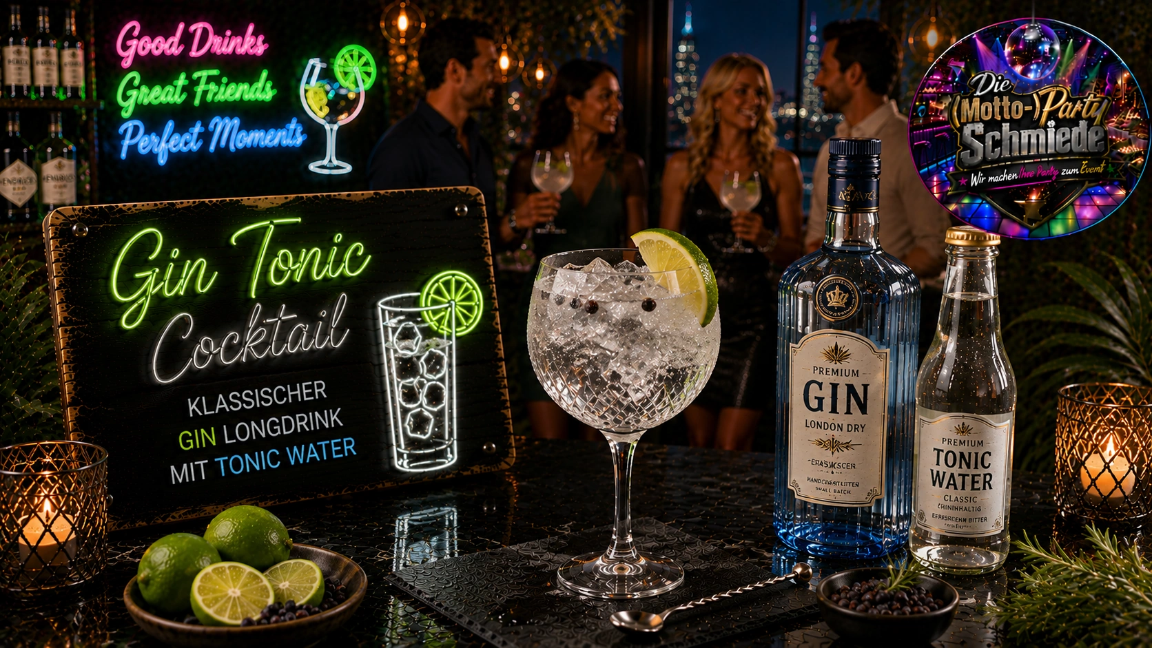 Gin Tonic Cocktail – Klassischer Gin Longdrink mit Tonic Water Klassischer Gin Tonic mit Limettenscheibe und Eiswürfeln in einem großen Ballonglas auf stilvollem Barhintergrund.