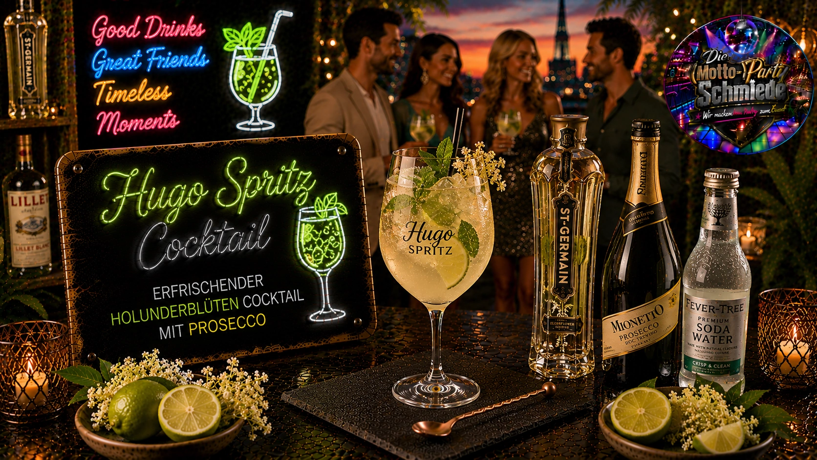 Hugo Spritz Cocktail – Erfrischender Holunderblüten Cocktail mit Prosecco Erfrischender Hugo Spritz Cocktail mit Prosecco, Holunderblütensirup, Minze, Limettenscheiben und Eiswürfeln in einem großen Weinglas.