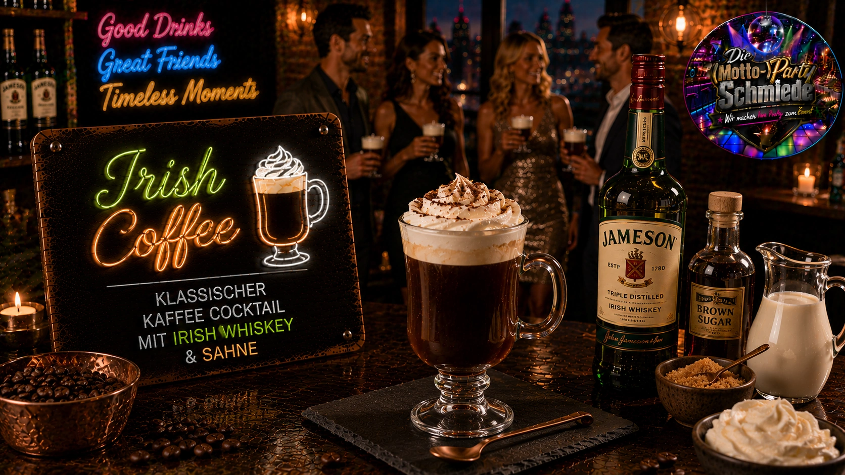 Irish Coffee – Klassischer Kaffee Cocktail mit Irish Whiskey & Sahne Heißer Irish Coffee mit cremiger Sahneschicht in einem Glasbecher auf rustikalem Holztisch.
