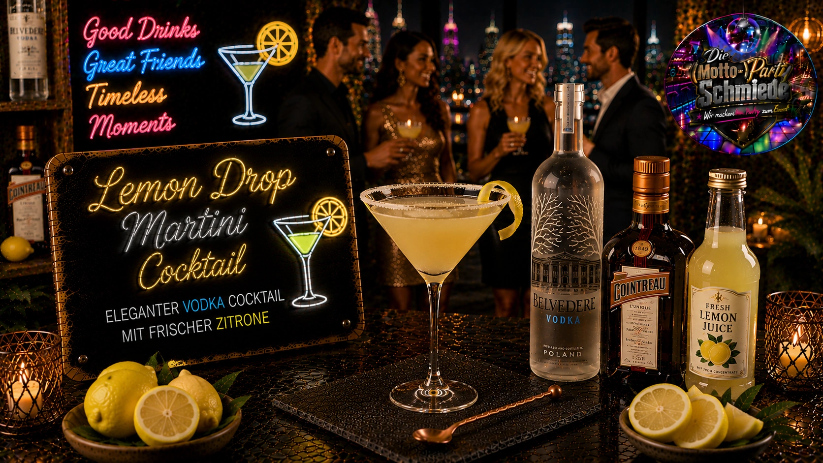 Lemon Drop Martini Cocktail – Eleganter Vodka Cocktail mit frischer Zitrone Eleganter Lemon Drop Martini mit Zuckerrand und Zitronenzeste in einem gekühlten Martiniglas auf stilvollem Hintergrund.
