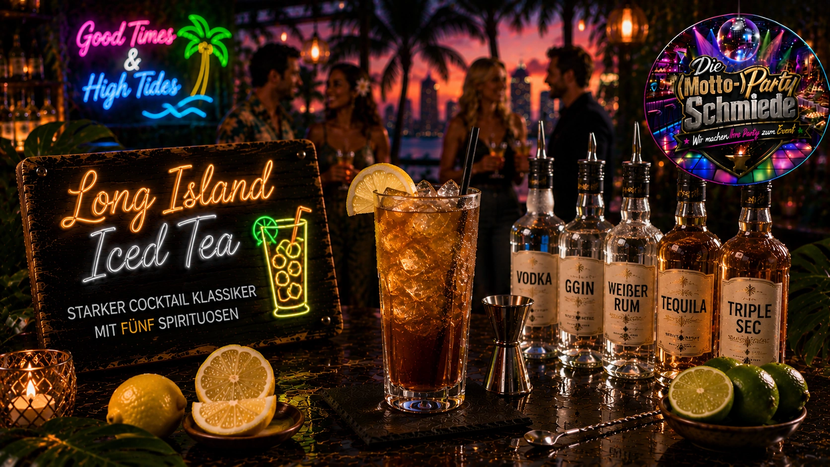 Long Island Iced Tea – Starker Cocktail Klassiker mit fünf Spirituosen Long Island Iced Tea mit Zitronenscheibe und Eiswürfeln in einem hohen Longdrinkglas auf einer stilvollen Cocktailbar.