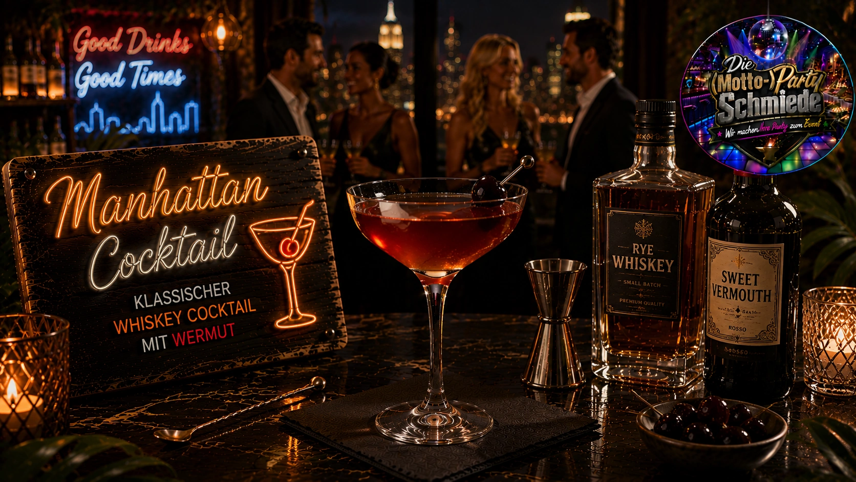Manhattan Cocktail – Klassischer Whiskey Cocktail mit Wermut Klassischer Manhattan Cocktail mit Cocktailkirsche in einer eleganten Cocktailschale auf dunklem Barhintergrund.