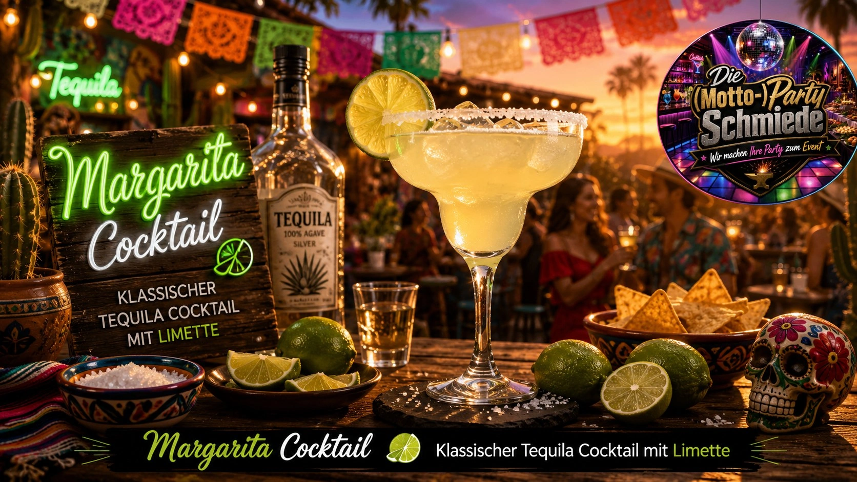 Margarita Cocktail – Klassischer Tequila Cocktail mit Limette Klassischer Margarita Cocktail mit Salzrand, Limettenscheibe und Eiswürfeln in einem eleganten Margarita-Glas.
