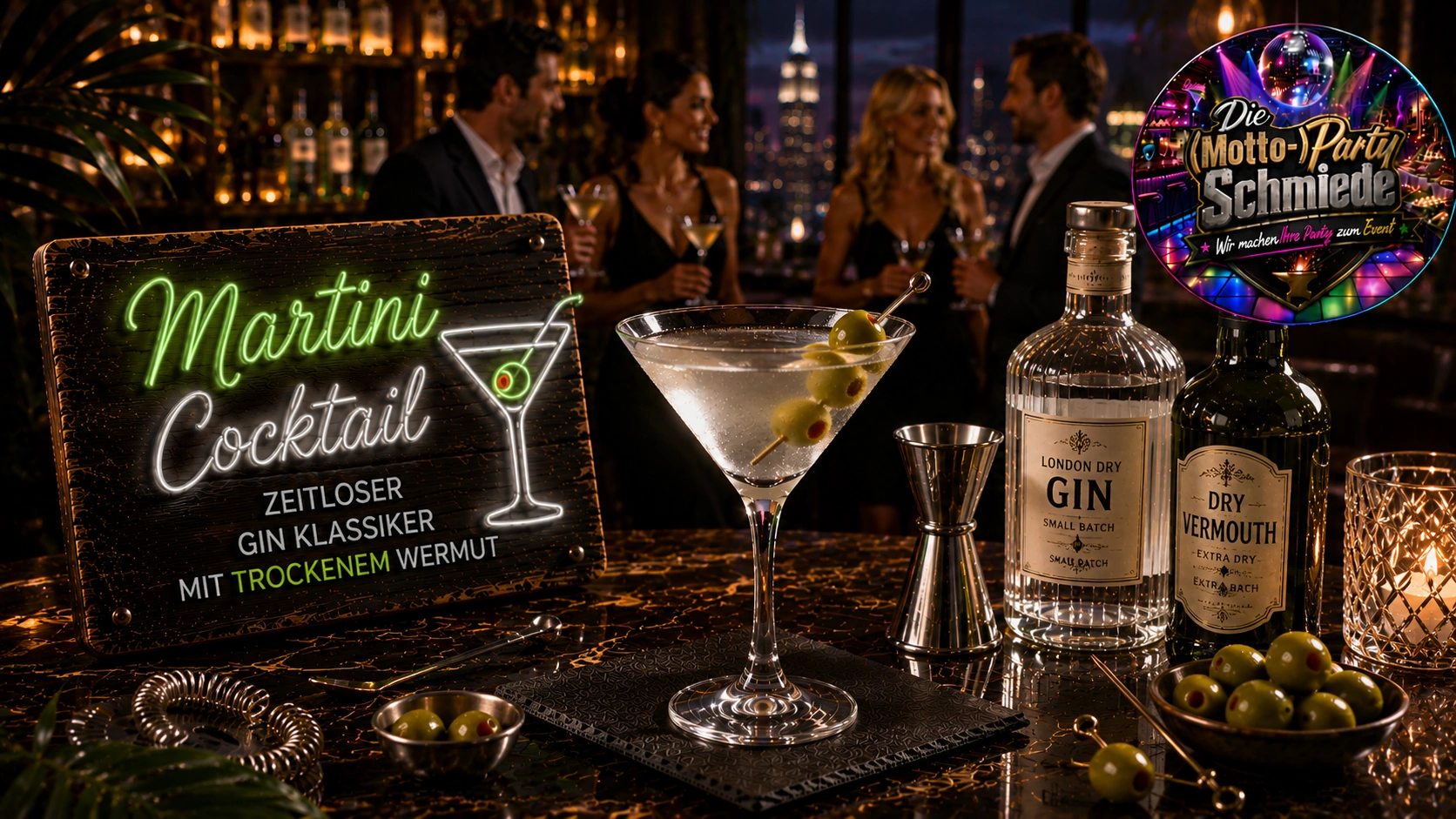 Martini Cocktail – Zeitloser Gin Klassiker mit trockenem Wermut Klassischer Martini Cocktail in einem gekühlten Martiniglas mit grüner Olive auf elegantem Barhintergrund.