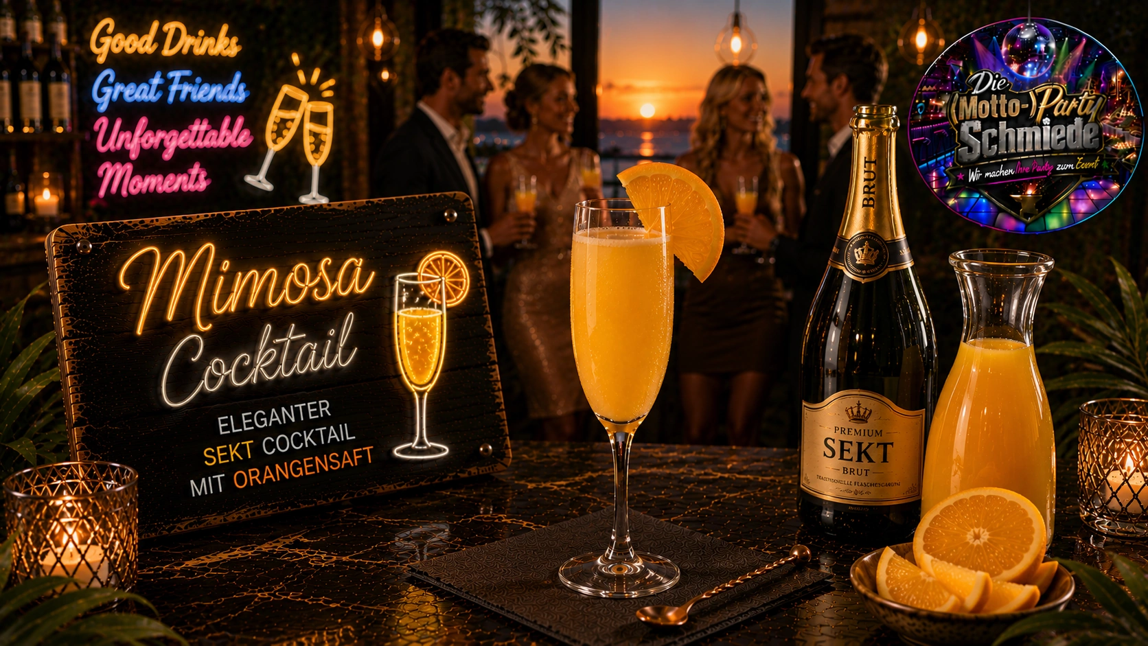Mimosa Cocktail – Eleganter Sekt Cocktail mit Orangensaft Eleganter Mimosa Cocktail aus Orangensaft und Sekt in einer Sektflöte auf festlich gedecktem Tisch.