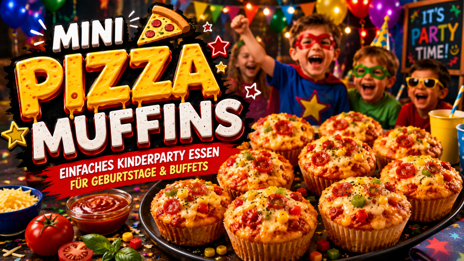 Mini Pizza Muffins – Einfaches Kinderparty Essen für Geburtstage & Buffets Bunte Mini Pizza Muffins mit Käse, Mais und Salami auf einem fröhlichen Kinderparty-Buffet.