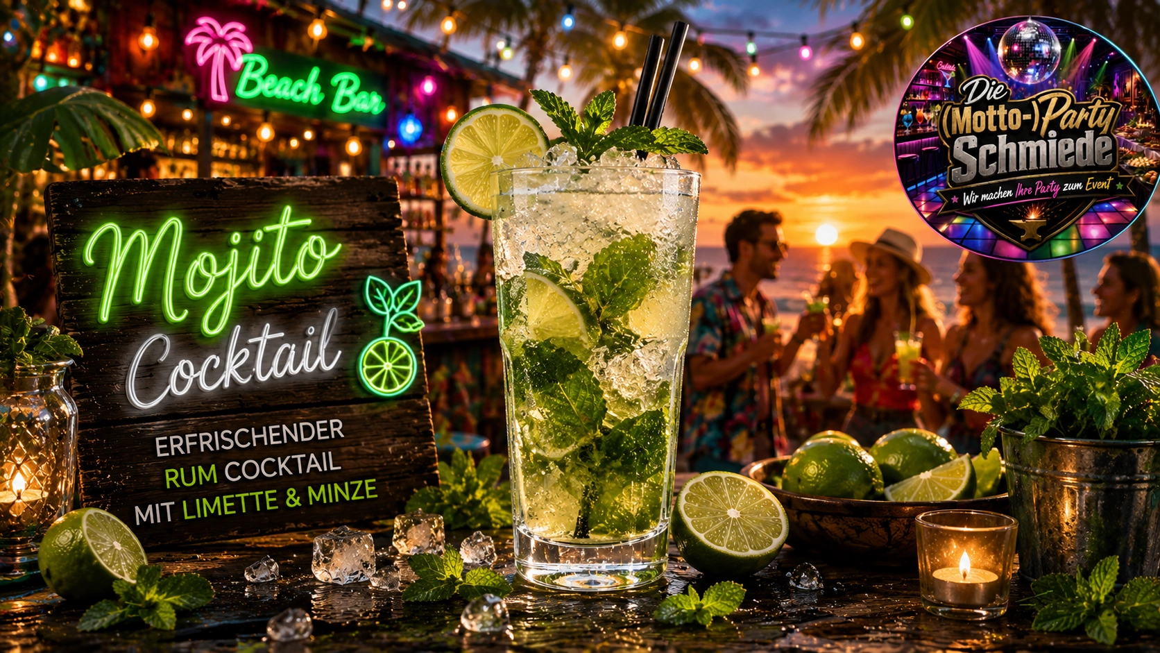 Mojito Cocktail – Erfrischender Rum Cocktail mit Limette & Minze Frischer Mojito Cocktail mit Minze, Limettenstücken und Crushed Ice in einem Longdrinkglas auf sommerlichem Hintergrund.