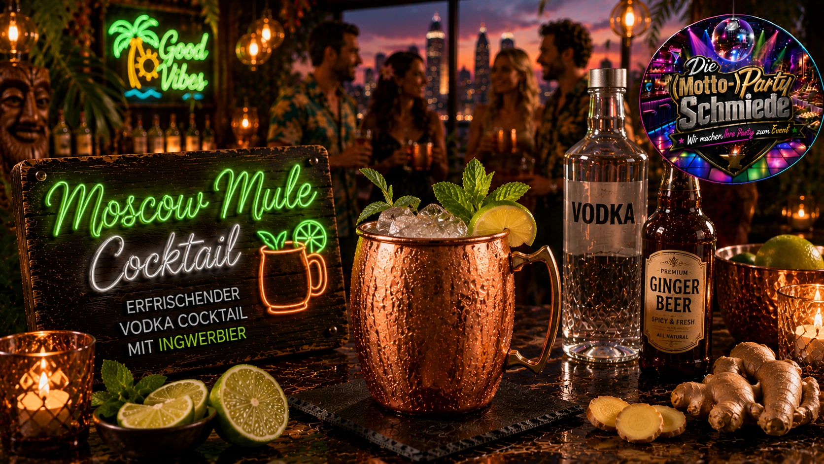 Moscow Mule Cocktail – Erfrischender Vodka Cocktail mit Ingwerbier Erfrischender Moscow Mule Cocktail im Kupferbecher mit Limettenscheibe, frischer Minze und Eiswürfeln.