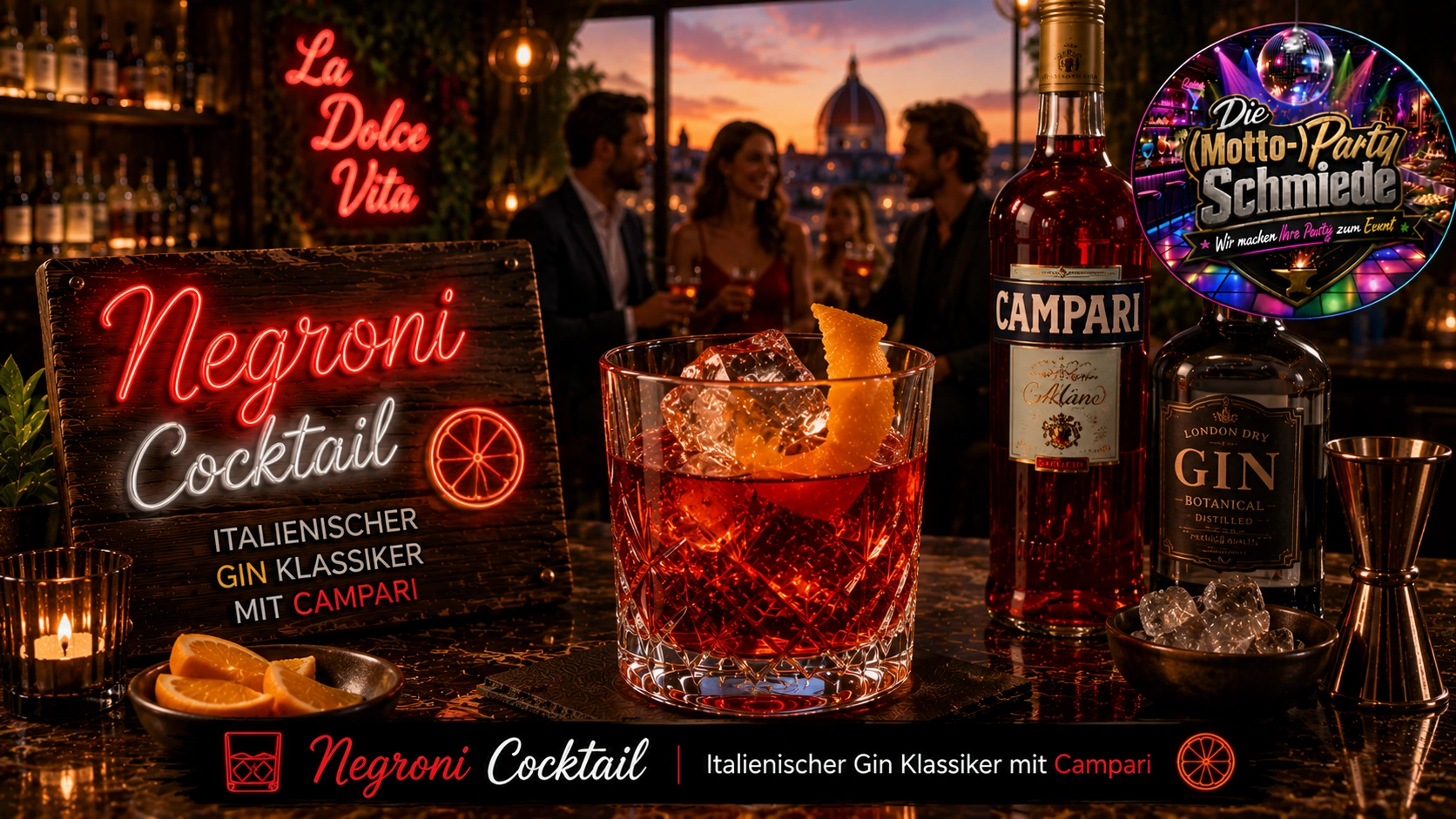 Negroni Cocktail – Italienischer Gin Klassiker mit Campari Eleganter Negroni Cocktail mit Orangenzeste und großem Eiswürfel in einem stilvollen Tumblerglas auf dunklem Barhintergrund.