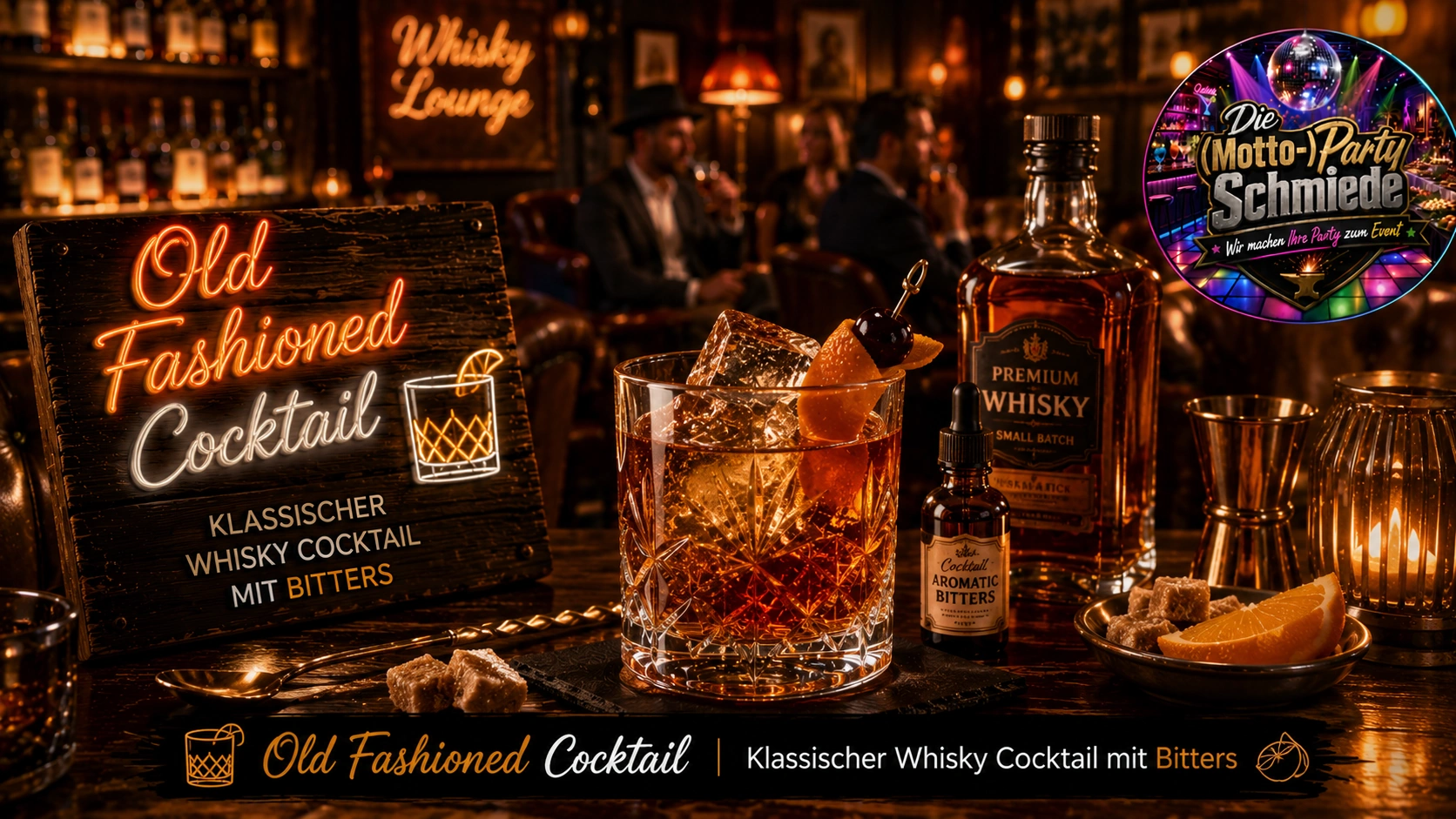 Old Fashioned Cocktail – Klassischer Whisky Cocktail mit Bitters Klassischer Old Fashioned Cocktail mit Whisky, Orangenzeste und Eiswürfeln in einem eleganten Tumblerglas auf dunklem Hintergrund.