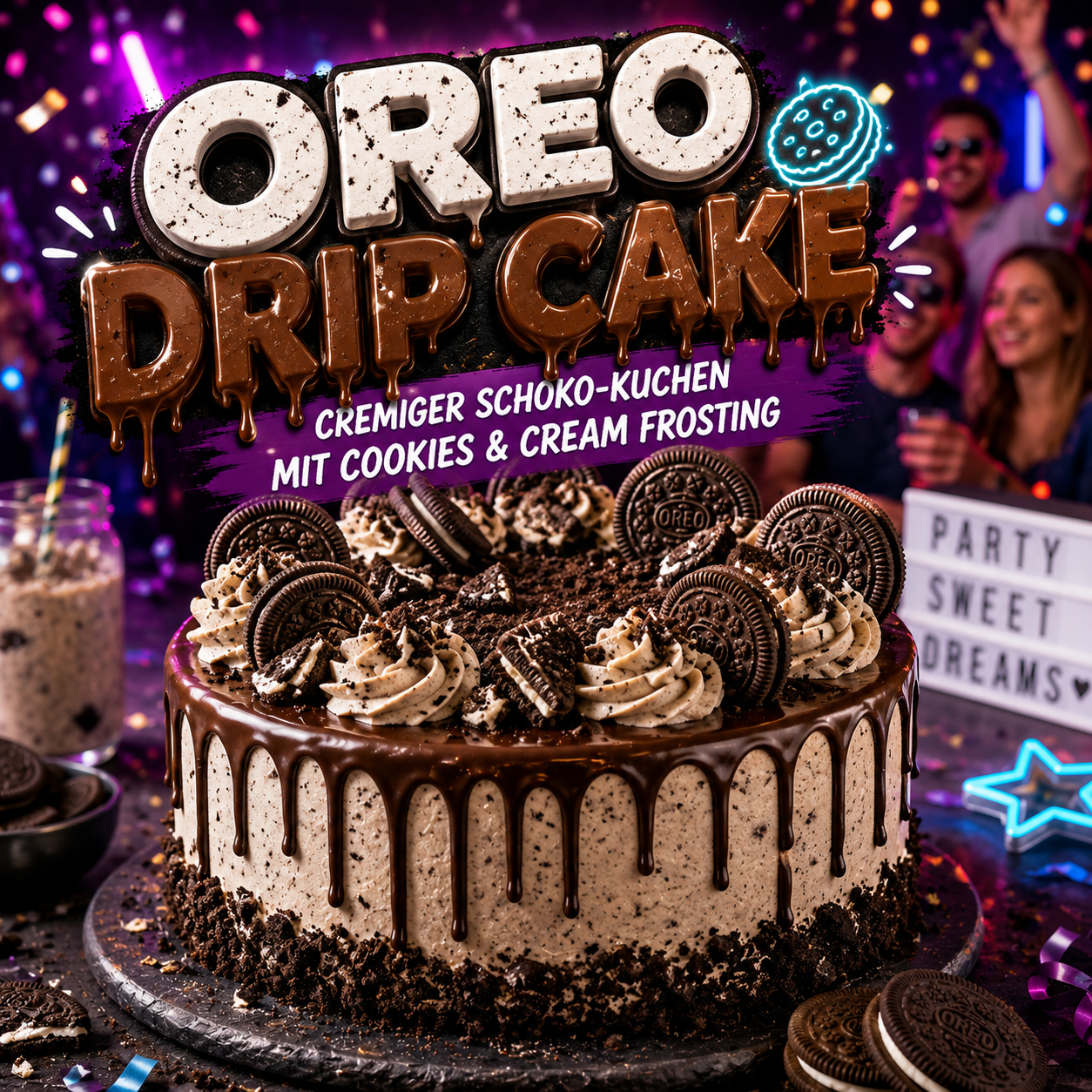 Oreo Drip Cake – Cremiger Schoko-Kuchen mit Cookies & Cream Frosting Moderner Oreo Drip Cake mit Schokoladenglasur, Cookies-&-Cream-Frosting und Oreo-Keksen auf einer eleganten Dessert-Tafel.