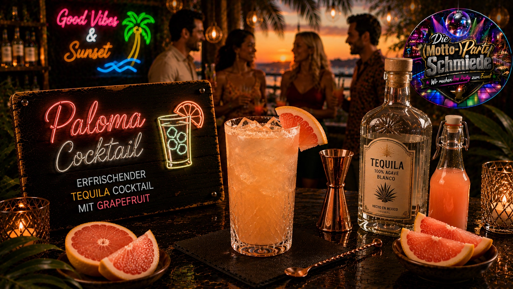 Paloma Cocktail – Erfrischender Tequila Cocktail mit Grapefruit Erfrischender Paloma Cocktail mit Tequila, Grapefruit, Limette und Eiswürfeln in einem Longdrinkglas auf sommerlichem Hintergrund.