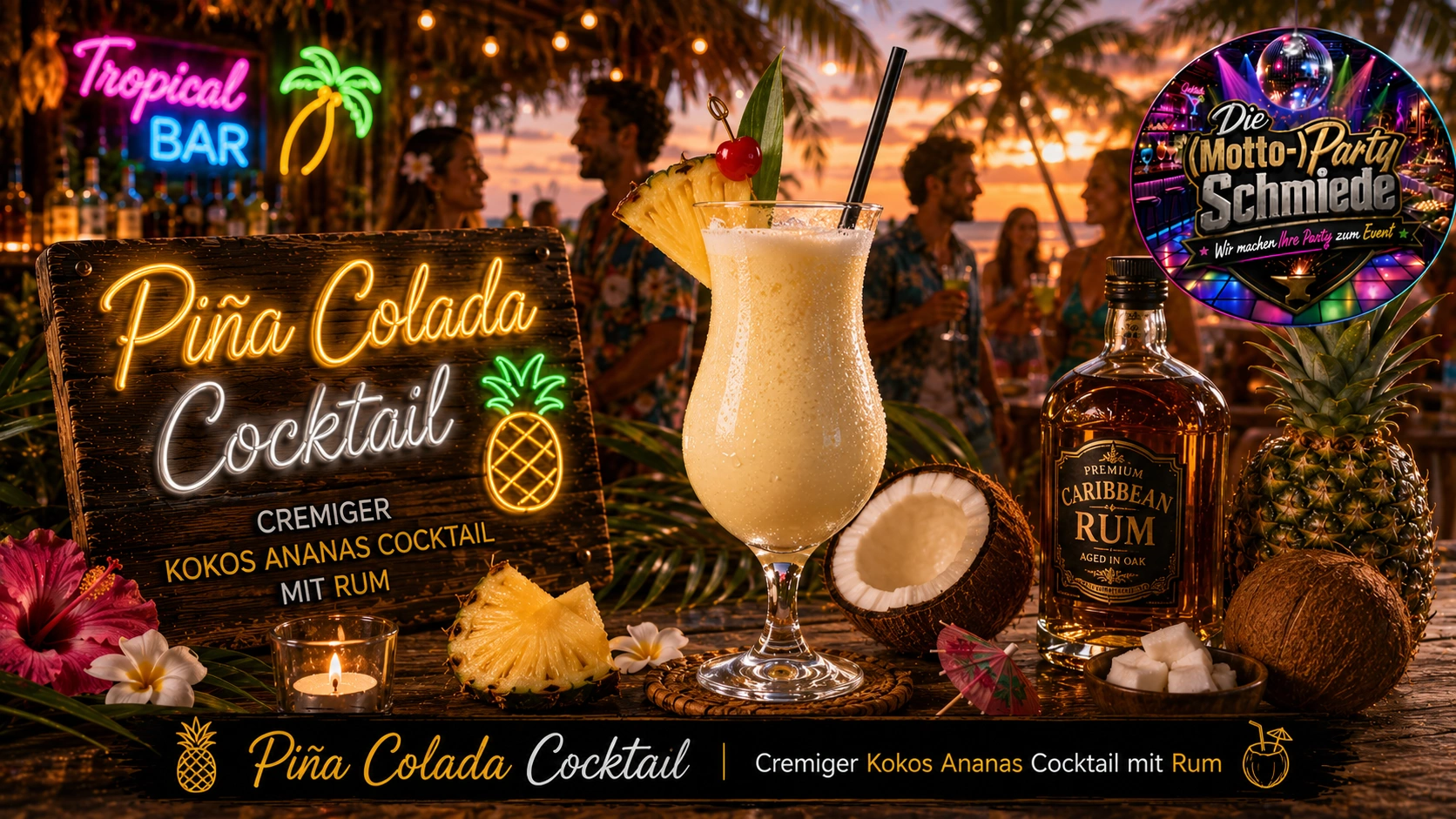 Piña Colada Cocktail – Cremiger Kokos Ananas Cocktail mit Rum Cremige Piña Colada mit Ananasstück, Cocktailkirsche und Crushed Ice in einem tropischen Hurricane-Glas.