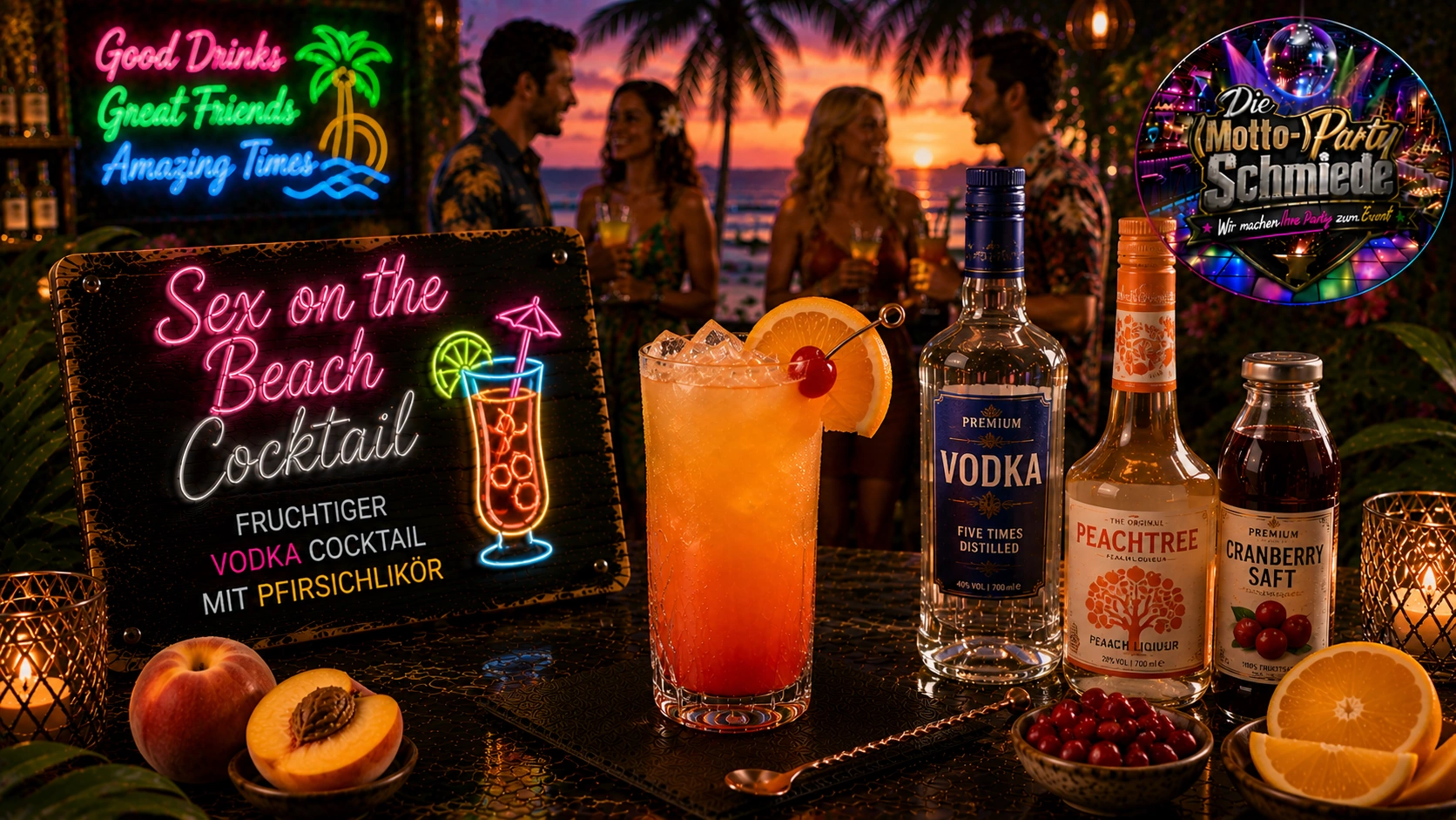 Sex on the Beach Cocktail – Fruchtiger Vodka Cocktail mit Pfirsichlikör Fruchtiger Sex on the Beach Cocktail mit Orangenscheibe, Eiswürfeln und leuchtenden Farbverläufen in einem Longdrinkglas.