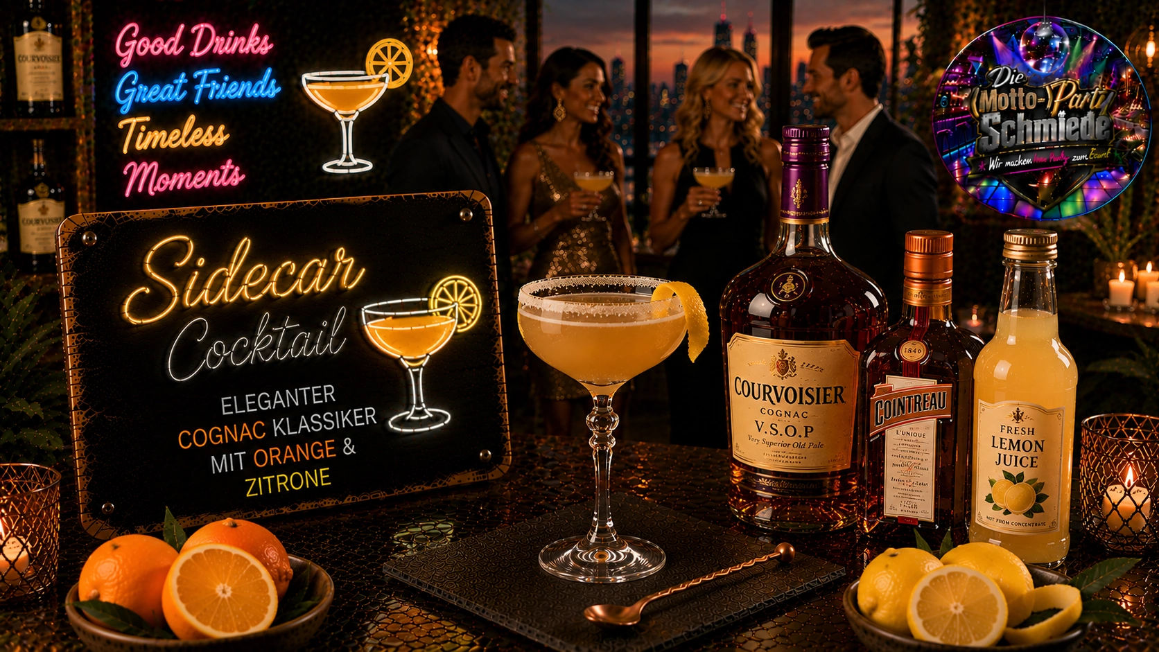 Sidecar Cocktail – Eleganter Cognac Klassiker mit Orange & Zitrone Eleganter Sidecar Cocktail in einer Cocktailschale mit Zuckerrand und Orangenzeste auf stilvollem Barhintergrund.