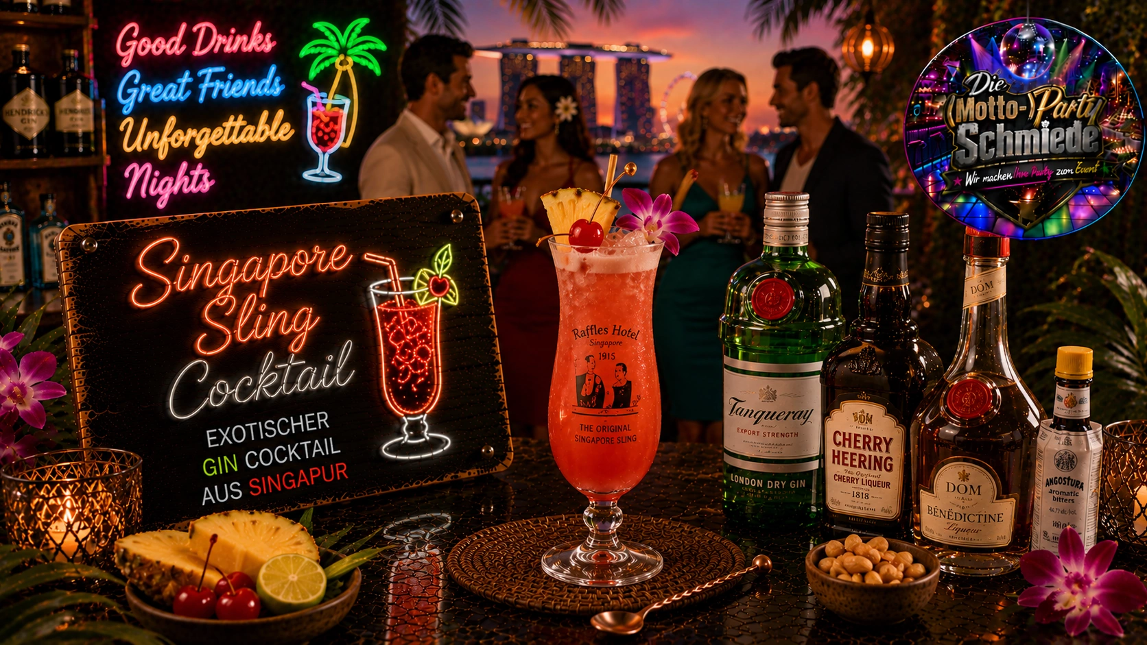Singapore Sling Cocktail – Exotischer Gin Cocktail aus Singapur Exotischer Singapore Sling Cocktail mit Ananasstück, Cocktailkirsche und Eiswürfeln in einem hohen Longdrinkglas.