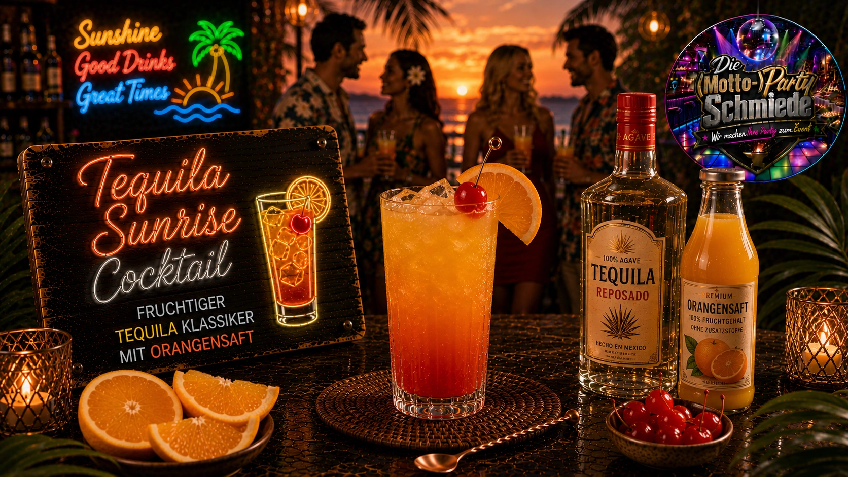 Tequila Sunrise Cocktail – Fruchtiger Tequila Klassiker mit Orangensaft Tequila Sunrise Cocktail mit leuchtendem Orange-Rot-Farbverlauf, Orangenscheibe, Cocktailkirsche und Eiswürfeln in einem Longdrinkglas.
