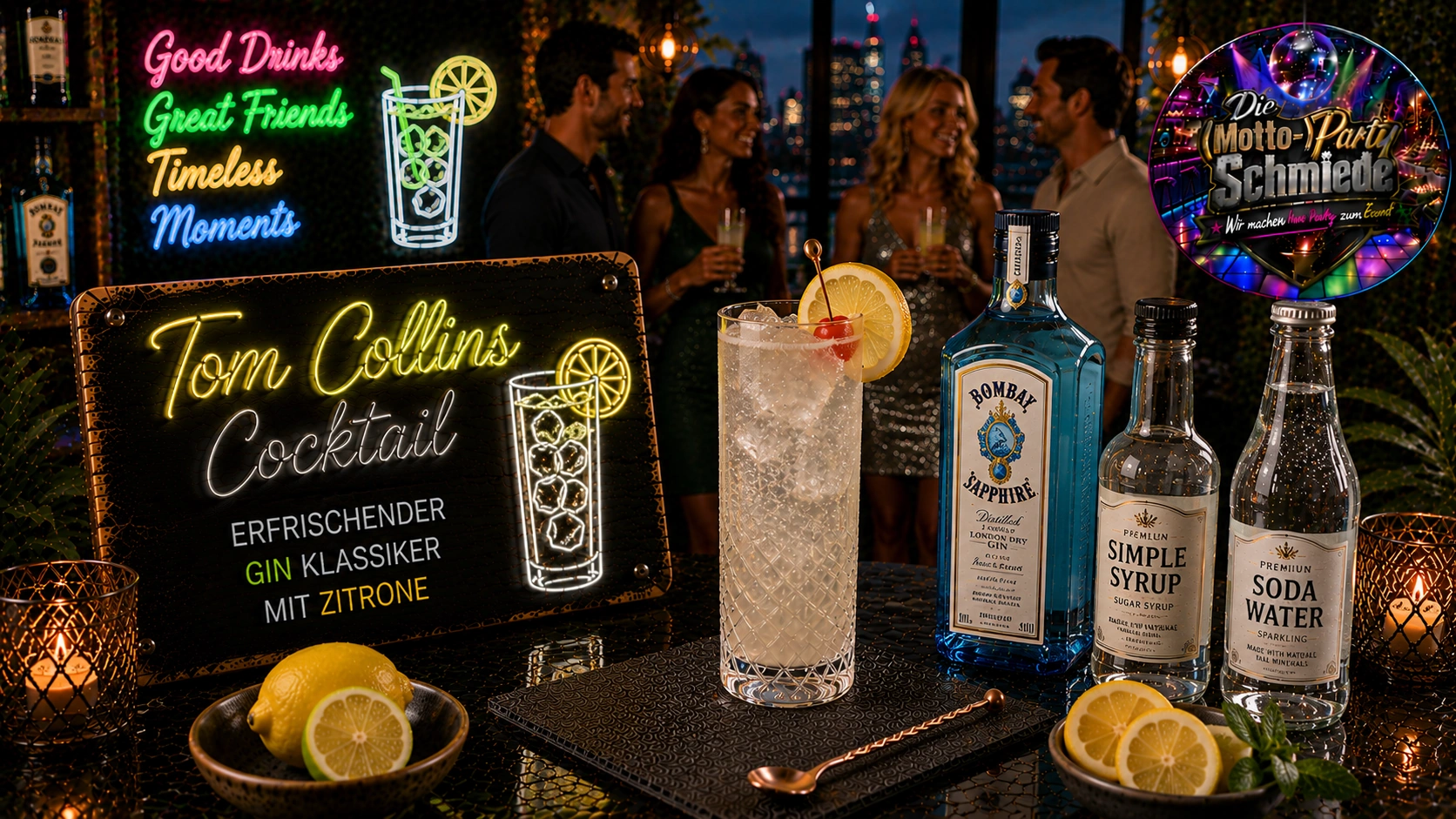 Tom Collins Cocktail – Erfrischender Gin Klassiker mit Zitrone Erfrischender Tom Collins Cocktail mit Zitronenscheiben, Eiswürfeln und Soda Water in einem klassischen Collins-Glas.