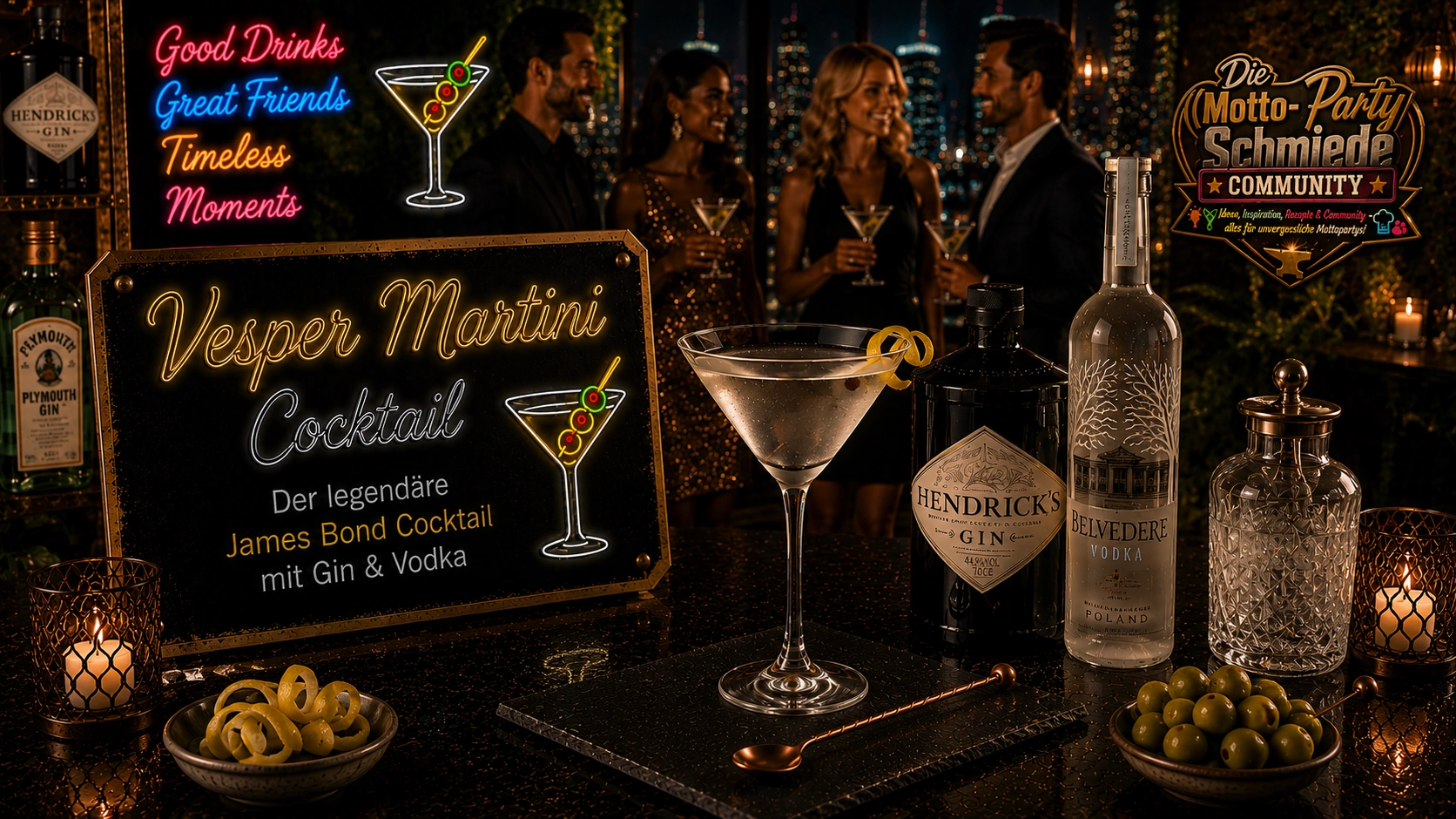 Vesper Martini Cocktail – Der legendäre James Bond Cocktail mit Gin & Vodka Eleganter Vesper Martini Cocktail mit Zitronenzeste in einem gekühlten Martiniglas auf luxuriösem Barhintergrund.