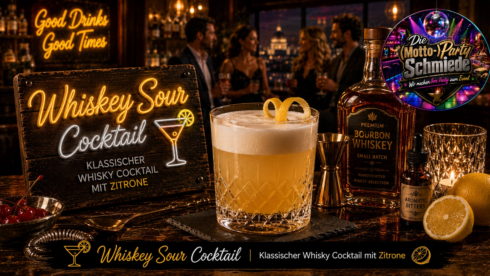 Whiskey Sour Cocktail – Klassischer Whisky Cocktail mit Zitrone Klassischer Whiskey Sour Cocktail mit cremiger Schaumkrone, Zitronenzeste und Cocktailkirsche in einem eleganten Whiskyglas.