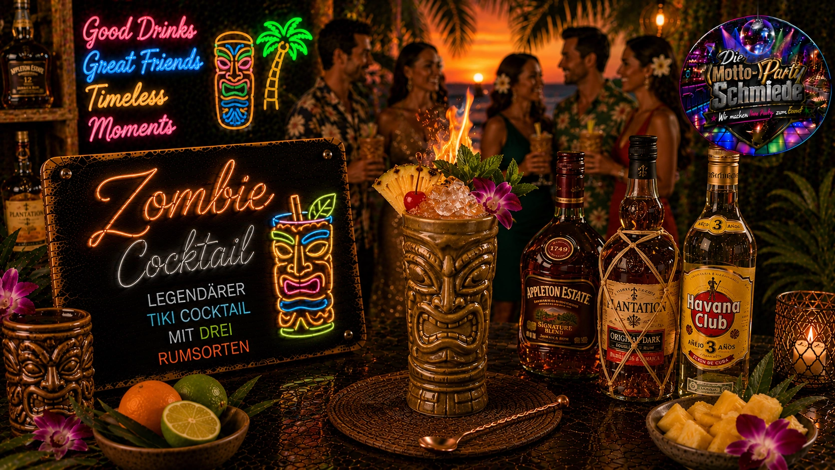 Zombie Cocktail – Legendärer Tiki Cocktail mit drei Rumsorten Exotischer Zombie Cocktail mit mehreren Rumsorten, tropischen Früchten, Minze und Crushed Ice in einem dekorativen Tiki-Becher.