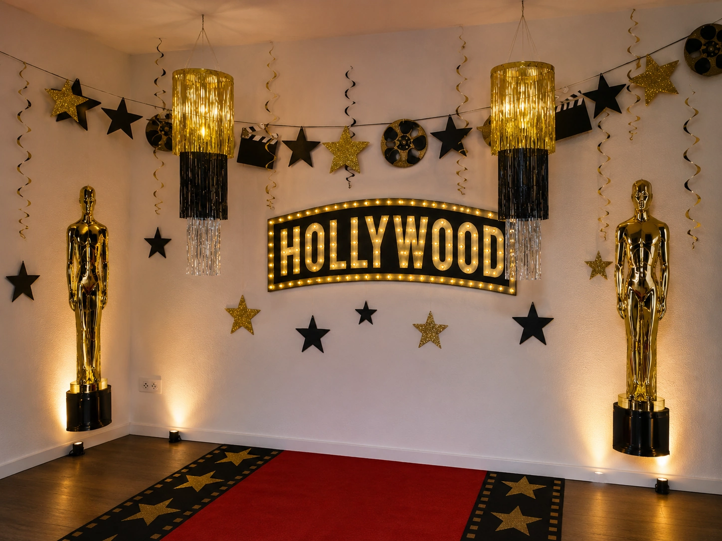 Diese Hollywood-Wanddekoration erweitert den klassischen Look mit eleganten Fransenlampen, einem beleuchteten Hollywood-Schriftzug und goldenen Oscar-Statuen. So entsteht eine besonders glamouröse Kulisse mit beeindruckender Raumwirkung.